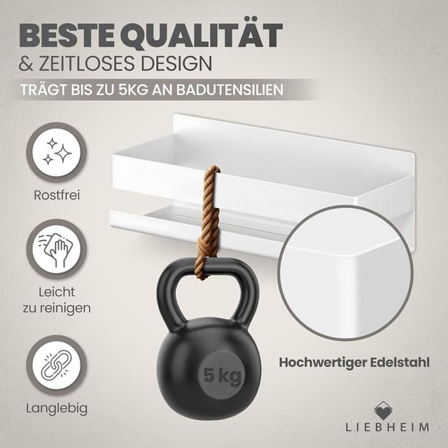 Detalle de LIEBHEIM Duschablage ohne Bohren – Badregal & Duschkorb-Organizer für Dusche und Badezimmer