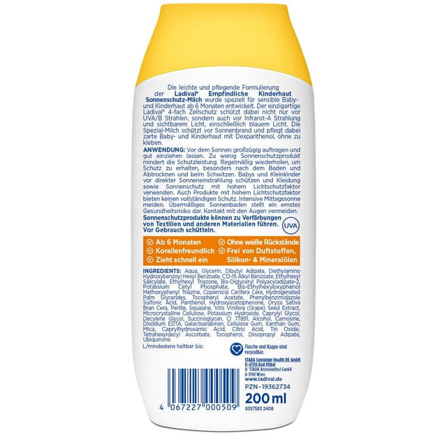 Detalle 2 de Ladival Kinder Sonnencreme Milch LSF50+ – extra wasserfest für empfindliche Kinderhaut (ab 6 Monaten), 200 ml