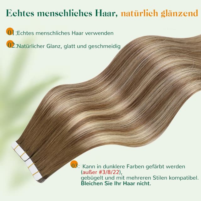 Detalle de Easyouth Haarverlängerung aus Remy-Echthaar (Balayage Hellbraun mit Blond), 35 cm, 40 g, 20 Stück