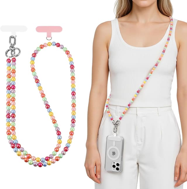 Detalle 2 de Qyoocom chaîne de téléphone portable avec perles colorées et cordon amovible (2 patchs) – cordon universel