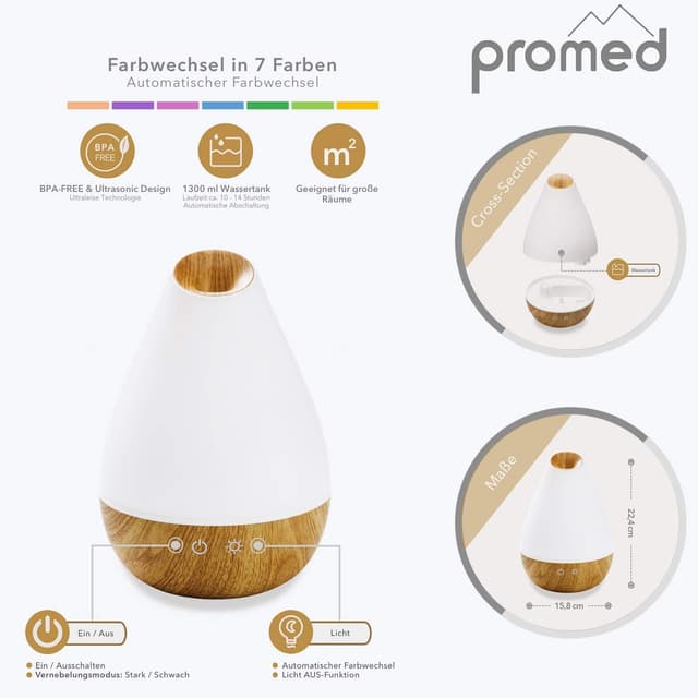 Detalle de Promed Aroma Diffuser AL-1300 WS (1,3 l) Ultraschall-Duftvernebler mit LED-Licht & Automatik