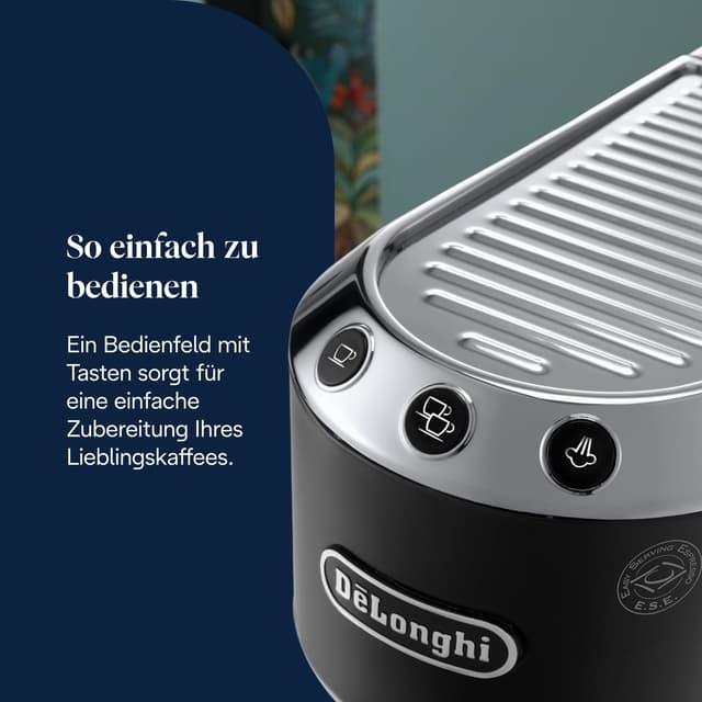 Detalle de De'Longhi Dedica Style Perfetto (EC685.BK) – kompakte Siebträgermaschine mit Milchaufschäumer, ESE-Pads & 15-Bar-Druck