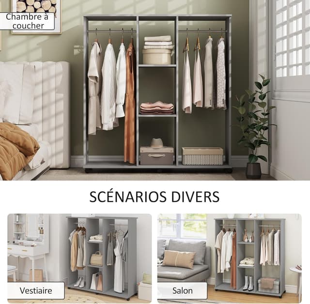 Detalle de HOMCOM armoire penderie ouverte mobile en bois gris, rails aluminium et 6 roulettes (120 x 40 x 128 cm)
