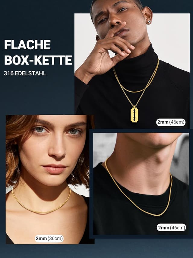 Detalle de PROSTEEL Herren Halskette aus Edelstahl mit Karabinerverschluss – Venezianier-/Erbskettenoptik, Breite 2–8 mm, Länge 46–76 cm