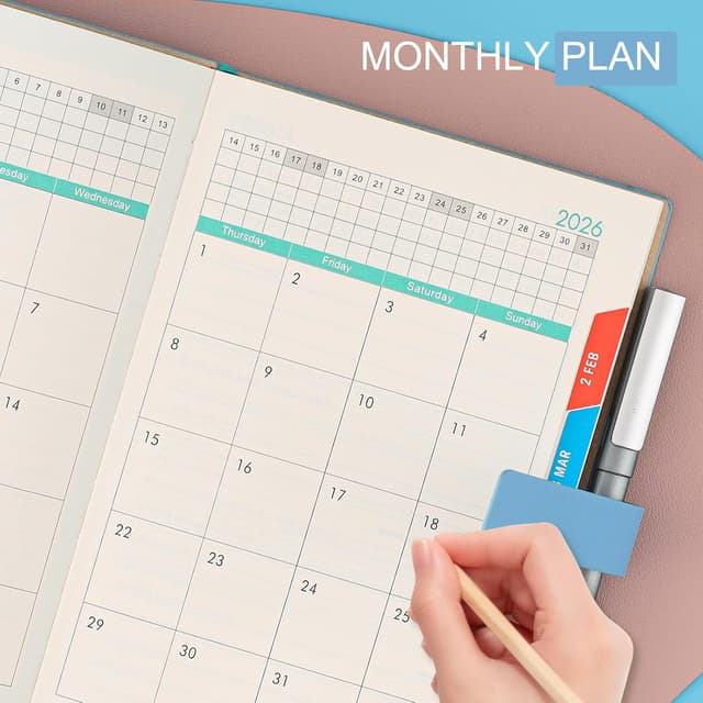 Detalle 2 de Agenda 2026 A5 une page par jour (janvier à décembre) avec stylo tactile et onglets mensuels colorés