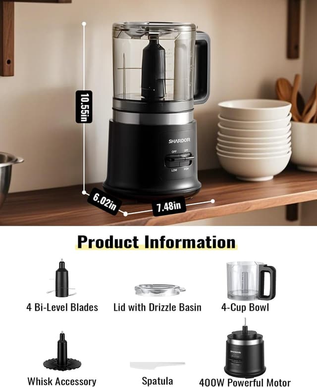 Thumbnail 6 de Food Chopper 4-Cup Mini Electric Meat Grinder with 2-Speed Control, 4 Stainless Steel Blades and Whisk (400W, BPA-Free)