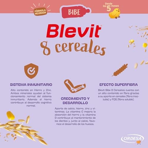 Thumbnail 6 de Blevit Bibe 8 Cereales (500 g) – Papilla de 8 cereales desde los 5 meses con 14 vitaminas y minerales
