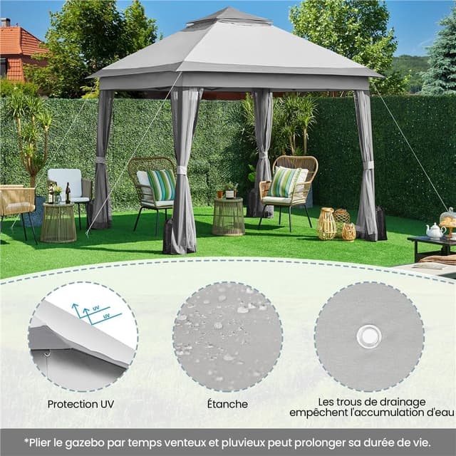 Thumbnail 6 de Yaheetech Gazebo da giardino in ferro 300x300 cm pieghevole con pareti in rete e doppio tetto, grigio