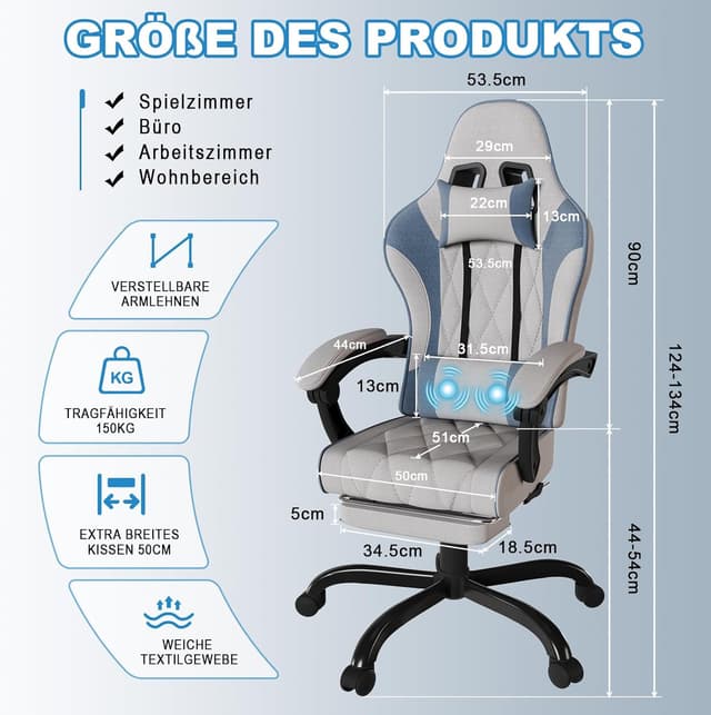 Detalle de JUMMICO Sedia gaming in tessuto con imbottitura a molle, ergonomica con massaggiatore, poggiatesta e poggiapiedi (Grigio & Blu) portata 150 kg