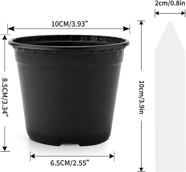Detalle 2 de KINGLAKE 50 black 10cm plastic plant pots + 100 white plant labels set for seedlings and cuttings