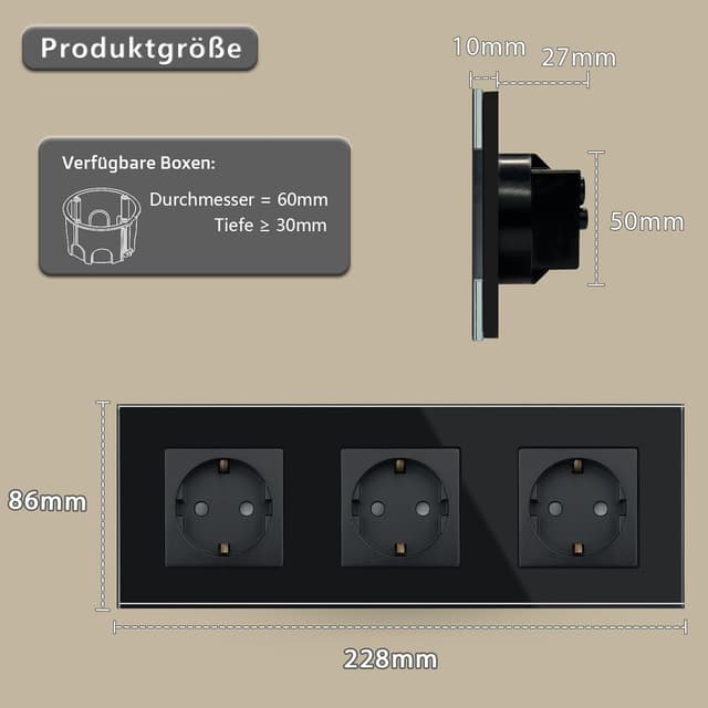Detalle de TAWOIA Schuko-Wandsteckdose 3-fach mit Glasrahmen (EU-Standard), schwarz, 86×228 mm