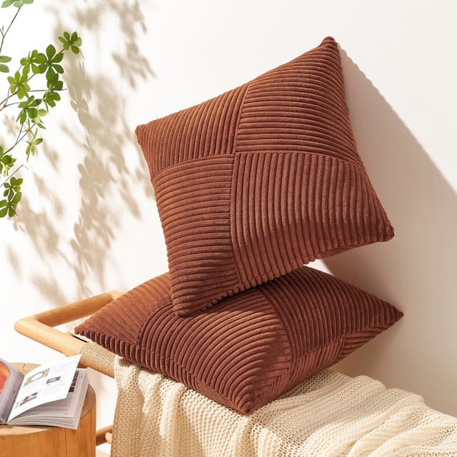 Detalle de Topfinel Kissenbezug 50x50 Herbst Karamell Orange/Rost im 2er-Set – Kordsamt mit Streifenmuster