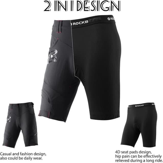Detalle de ROCKBROS Pantaloncini MTB da uomo 2 in 1 con imbottitura 4D traspiranti