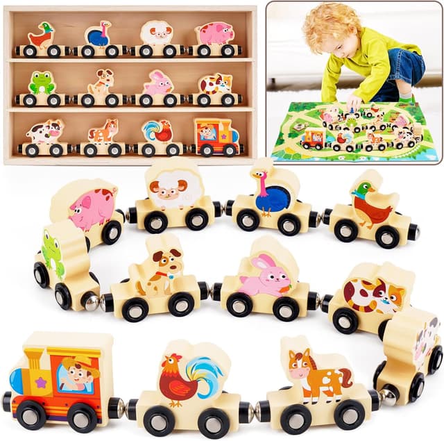 Detalle de Montessori Wooden Train Toy with 12 Magnetic Animals & Game Map (for ages 1–3) in a storage box
