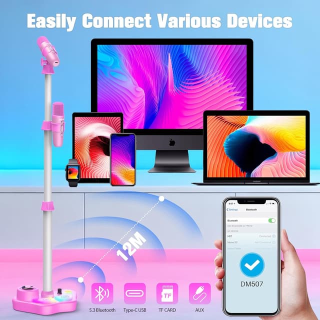 Detalle de Kinder-Karaoke-Set mit Karaoke-Maschine und 2 Mikrofonen (Bluetooth 5.3, TF-Karte, USB, AUX) – mit höhenverstellbarem Ständer