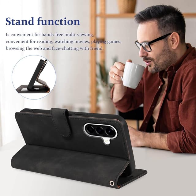 Detalle de GOTOURED Handyhülle für Samsung Galaxy A26 (RFID, Kartenfach, Magnetverschluss, Stand & Handgelenksgurt) – Schwarz