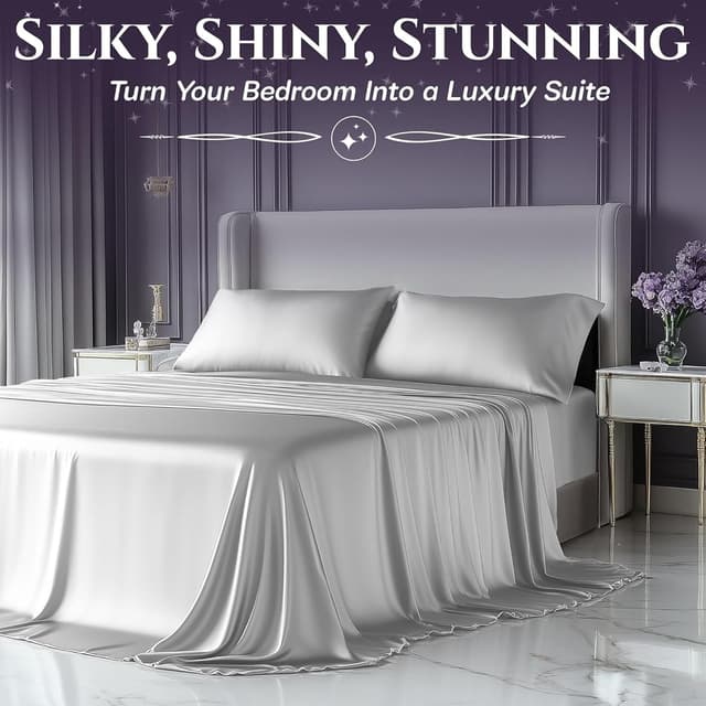 Detalle de SLEEP SANCTUARY Satin Sheets Queen Size (4-Piece) – Cooling, Wrinkle-Free, Moisture-Wicking Bed Set in White
