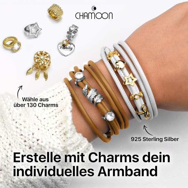 Detalle de CHAMOON® Premium Lederarmband für Damen (Nappaleder) mit Magnetverschluss & über 80 Charms