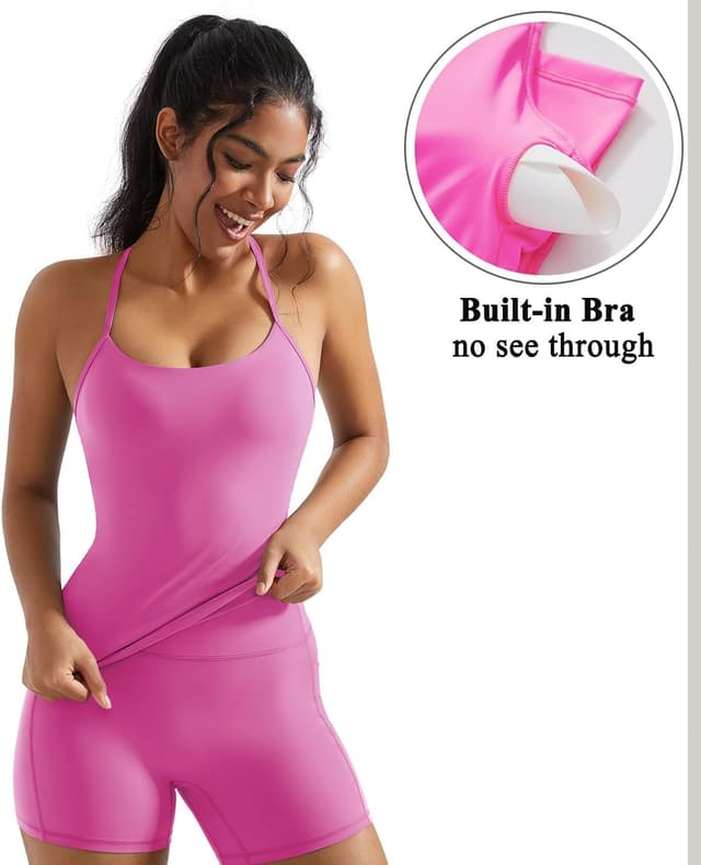 Detalle de OMKAGI 2-Piece Workout Set for Women: Padded Sports Bra Tank & Pocket Scrunch Shorts