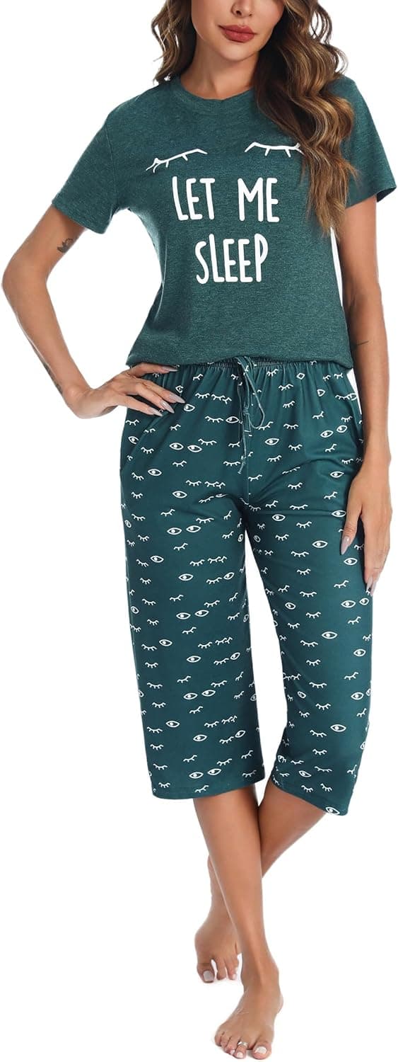 Thumbnail 6 de Ensemble de pyjama femme Uniexcosm en coton : manches courtes imprimé, col rond et pantalon 3/4