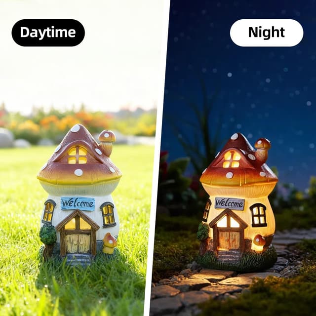 Detalle 2 de LIMOR 6-inch solar mushroom house garden figurine statue with solar lights