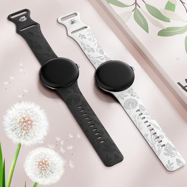 Detalle 2 de TOYOUTHS 2-Pack Floral Engraved Silicone Strap for Google Pixel Watch 4/3 (41mm) & Pixel Watch 2/1 — Black/White