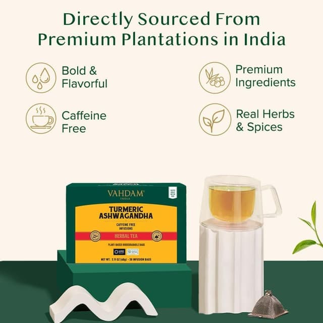 Thumbnail 3 de VAHDAM Tisana Curcuma e Ashwagandha, 30 bustine piramidali senza caffeina