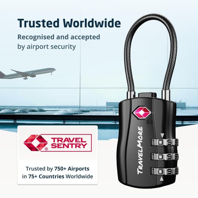 Detalle de Lot de 6 cadenas TSA à code 3 chiffres avec câble souple pour valises et sacs de voyage (noir)