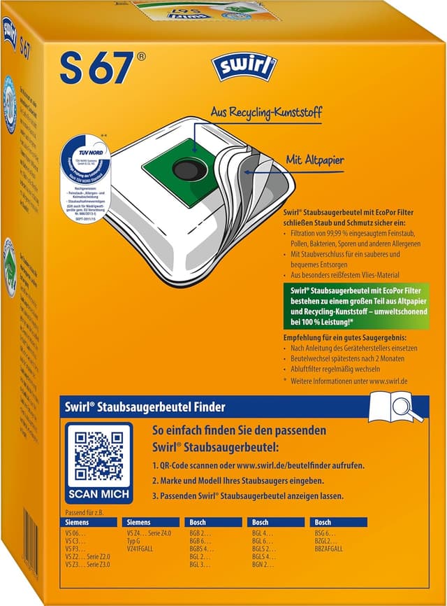 Detalle 2 de Swirl S 67 EcoPor Staubsaugerbeutel – 4 reißfeste Beutel mit Filter (für ausgewählte Siemens & Bosch Staubsauger)