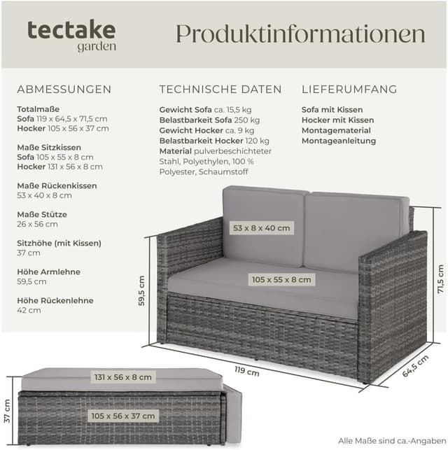 Detalle 2 de tectake Sofa Set: 2-Sitzer Couch mit Hocker, Schlaffunktion und wetterfestem Polyrattan für Outdoor