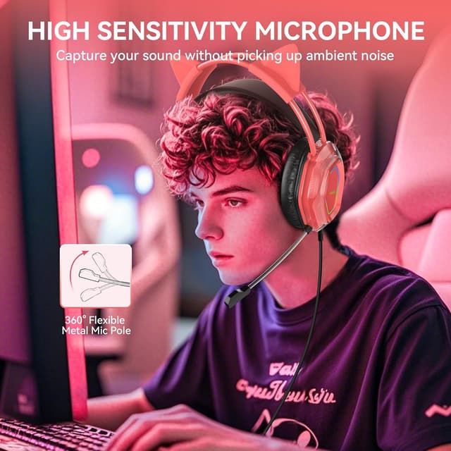 Thumbnail 6 de Wantek Wantak Katzenohr-Kopfhörer mit Mikrofon (kabelgebunden) – Gaming-Headset für PC, PS5 & Xbox, Noise Cancelling, 20–20.000 Hz (Red)