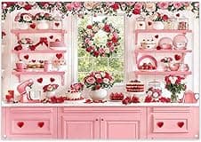 Detalle de Luminora 7x5ft Pink Valentine’s Day Kitchen Backdrop (Red Rose Floral & Love Heart Design)