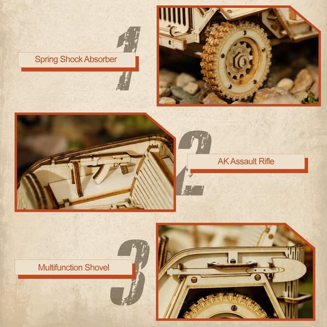 Detalle de ROKR Modello di auto in legno 3D Army Jeep, modellino meccanico da costruire