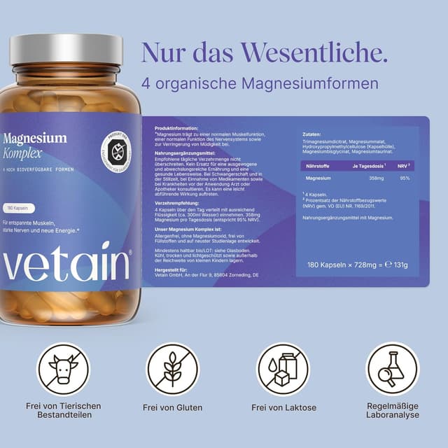 Thumbnail 6 de VETAIN Magnesium Komplex – 4 hochbioverfügbare Magnesiumformen ohne Oxid, 180 Kapseln