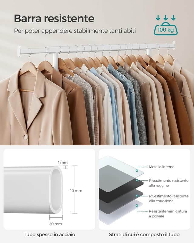 Detalle de SONGMICS HSR013W01 stand appendiabiti con ruote e barre estensibili, portata totale 100 kg