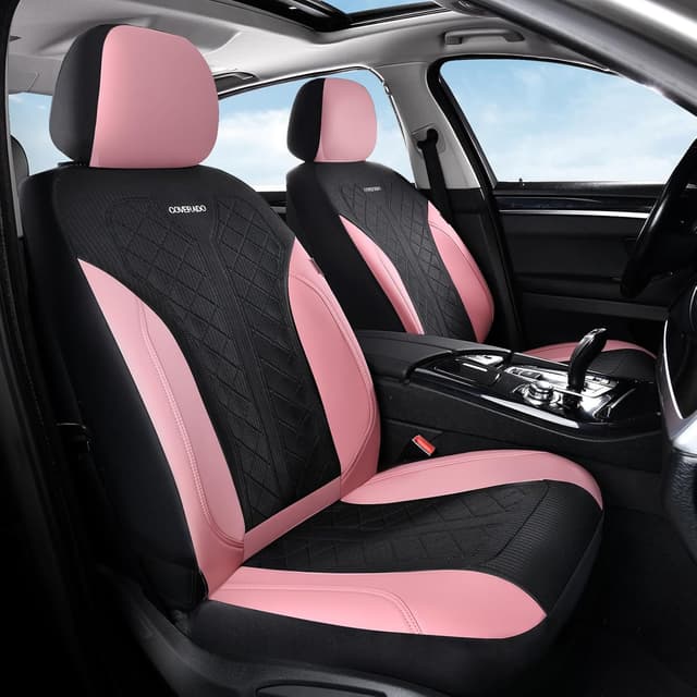 Detalle 2 de Coverado Automotive Seat Covers Full Set with Leather-Style PU & Mesh Panels (Pink Driver Seat Protectors) — Universal Fit