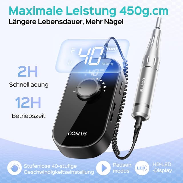 Detalle de COSLUS E51 elektrische Nagelfräser 40.000 U/min