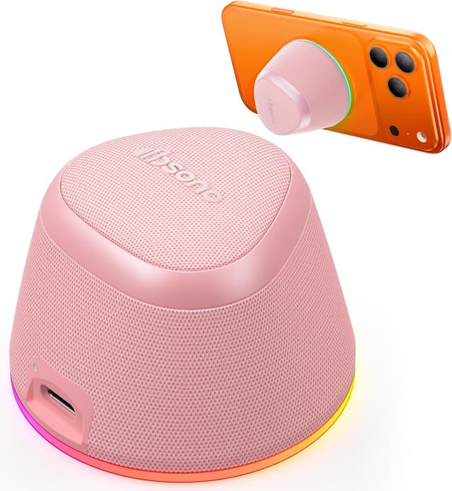 Detalle de Portable 2-in-1 Bluetooth Speaker Phone Stand (Magnetic) with IPX5, 9 Light Modes & TWS – Rose Pink
