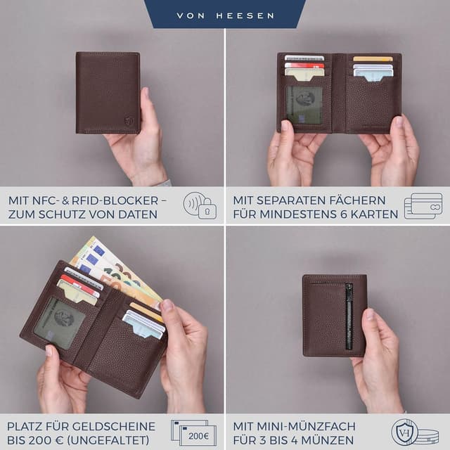 Detalle de VON HEESEN Leder-Geldbörse mit Münzfach & RFID-Schutz – Echtleder Portemonnaie in Braun