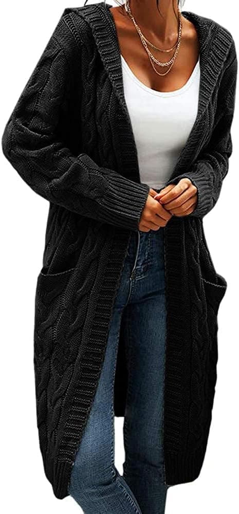 Thumbnail 6 de GeGekoko Damen-Strickjacke mit Kapuze und Taschen (Langarm, Grobstrick-Cardigan, offen) für Herbst & Winter