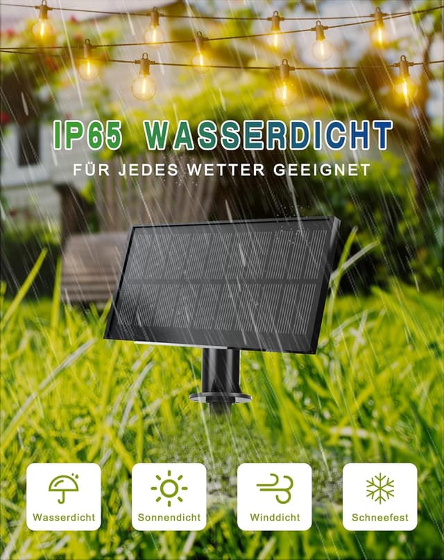 Detalle de Zuske Solar-Lichterkette außen 15 m mit 25+2 warmweißen G40 LED (IP65) – 5 Modi