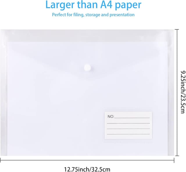 Detalle 2 de A4 Clear Plastic Wallets with Popper Buttons – 30 Pack Document Folders with Label Pockets