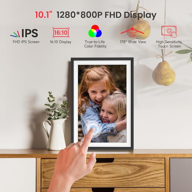 Detalle de BIGASUO Frameo WiFi Digital Photo Frame 10.1 Inch (Black/White) with Touch Screen, 32GB & Auto Rotate