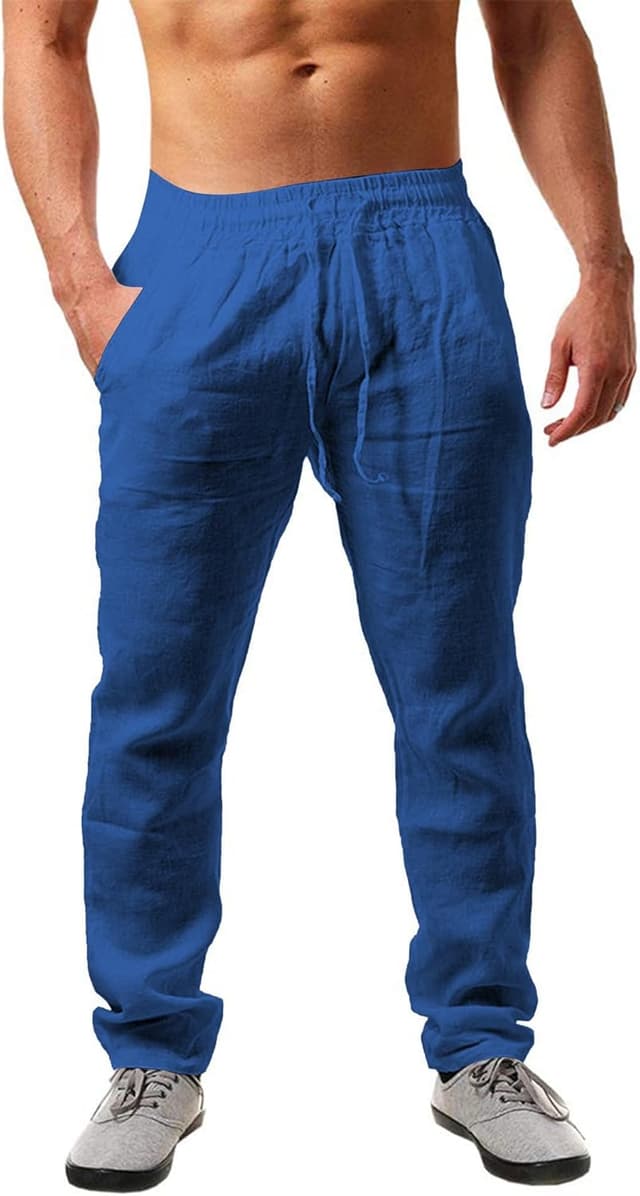 Detalle 2 de NEMXCE Leinenhose Herren (Lang, Loose Fit) mit Taschen & Kordelzug – leichte Sommerhose für Urlaub, Strand & Alltag