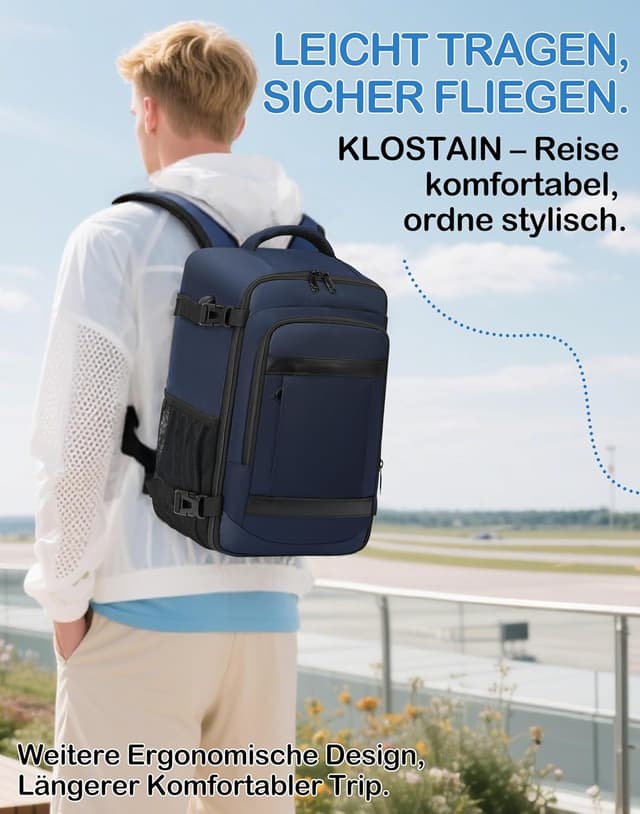 Detalle de KLOSTAIN Handgepäck-Rucksack 40x20x25 cm (Ryannair-/Eurowings-tauglich) – Tiefblau