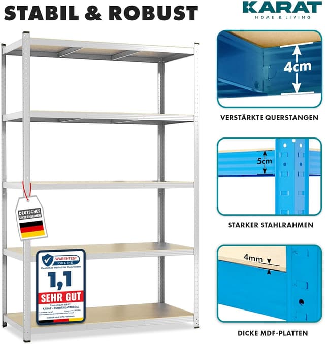 Detalle de KARAT Schwerlastregal-Set (2-teilig) 40 x 90 x 180 cm mit 5 verstellbaren, verzinkten Böden