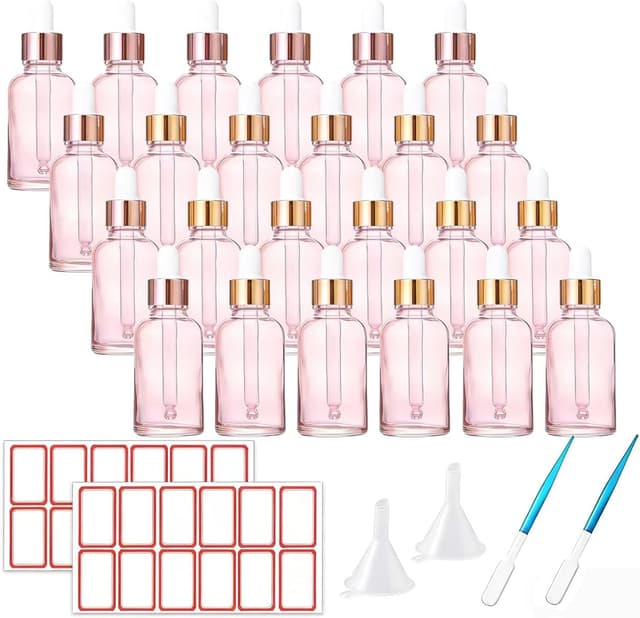 Detalle de Guilinone 24 x 30ml Glass Dropper Bottles (pink, 24-pack) with Labels, Plastic Pipettes & Funnels