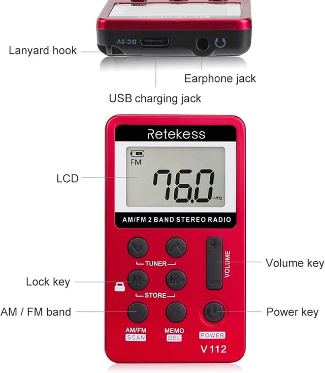 Detalle 2 de Retekess V112 Mini Radio Portatile AM/FM ricaricabile con cuffie stereo (Rosso) – per corsa, viaggi e uso quotidiano