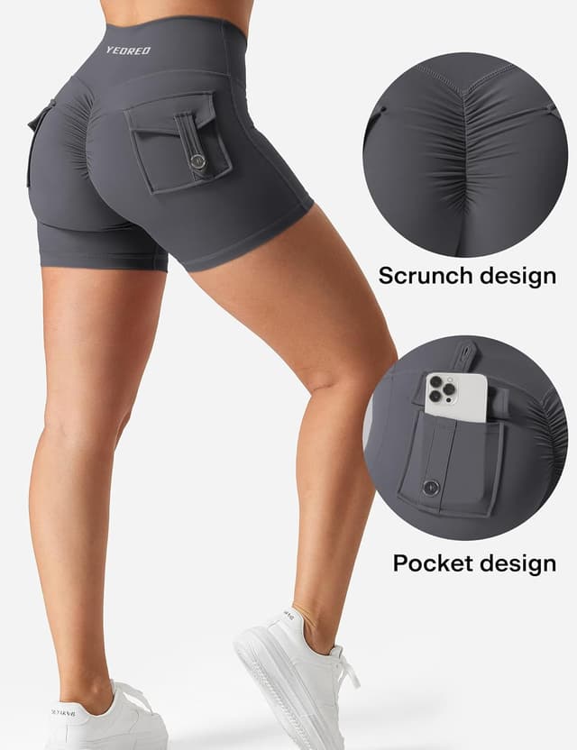 Detalle 2 de YEOREO CoreFlex Scrunch Workout Shorts with Pockets (High-Waisted Gym & Yoga Biker Shorts)