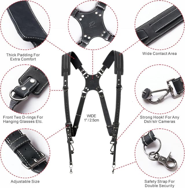 Detalle 2 de Padwa Lifestyle Black Frosted Dual Camera Harness Strap – dual-shoulder full grain leather strap for two cameras